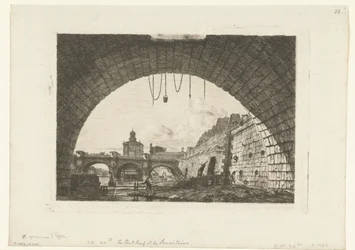 Se på Pont-Neuf af under boog Pont-au-Change i Paris Pont Neuf og Samaritaine fra under den første bue af Pont au Change