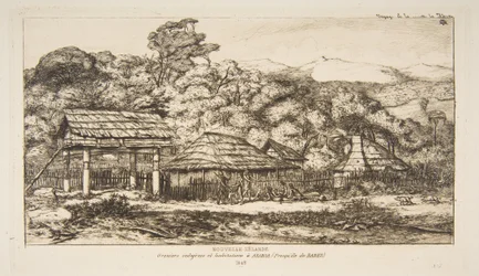 Indfødte lader og hytter ved Akaroa, Banks Peninsula, 1845, fra «Rejsen til New Zealand (1842-46)»