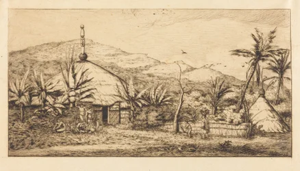 Ny Kaledonien: Stor indfødt hytte på vejen fra Balade til Puebo, 1845