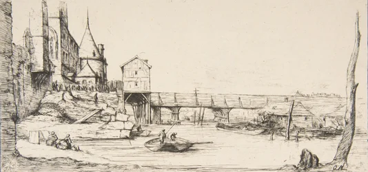 Gangbroen, der midlertidigt erstattede Pont-au-Change, Paris, efter branden i 1621, af..., 1860.