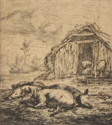 Tre grise liggende foran et skur, 1850.