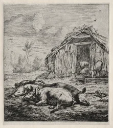 Tre Svin liggende foran en Sti, 1850.