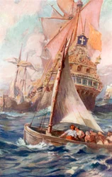 Et angreb på en spansk galeon (farvelitografi)