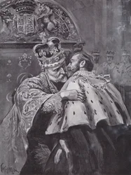 Kong Edward VII omfavner sin søn, prinsen af Wales, ved kongens kroning, Westminster Abbey, London