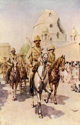 Lord Kitchener på vej ind i Omdurman efter slaget (farvelitografi)