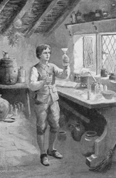 Den unge Humphry Davy laver sine første eksperimenter (litho)