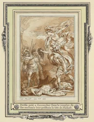 Perseus gør Phinneas til sten med hovedet af Medusa