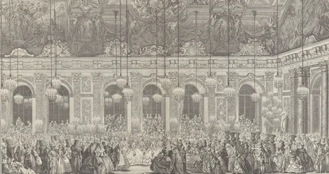 Dekoration til et maskebal i Versailles, i anledning af t..., ca. 1860 genoptryk af 1764 plade.