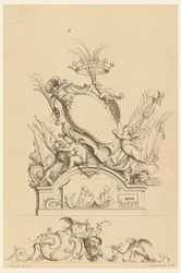 Design til Cartouche with Crown, Two Putti Serving Bacchus og Two Lions fra "Cartouches Nouvellement Inventez"