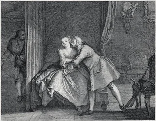 Øremakeren og formreolen illustration til Les contes de La Fontaine, ca. 1743”. gravering af Charles-Nicolas Cochin (1715-1790).