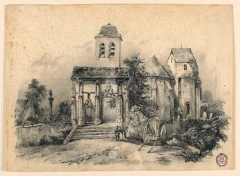 Tre figurer foran en kirke