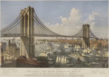 Den store East River Suspension Bridge, pub. 1874 af Currier & Ives