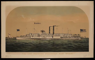 Lavtryksdampskibet New World. Kører på Hudson River mellem New York og Albany (litografi, farvelagt)