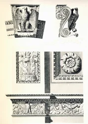 Dekoration med ørne, rosetter og akantusblade til Arc de Triomphe du Carrousel, af Charles Percier (1764-1838) og Pierre Francois Leonard Fontaine (1762-1853), gravering af Louis Pierre Baltard (1764-1846), detalje, Frankrig