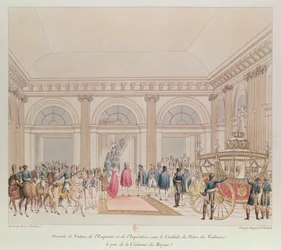 Kejserens og kejserindens nedstigning fra vognen under forhallen på Tuileries-paladset på dagen for deres bryllup (farvegravering)