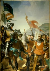 Hundredårskrig (1337-1453): detalje af "" Slaget ved Cocherel, nær Evreux vundet af Bernard du Guesclin (1320-1380) på tropperne fra kongen af Navarra, den 16/05/1364"" Maleri af Charles Philippe Lariviere (1798-1876) omkring 1837 søn. 4,2x2,6 m.