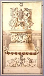 Design til et begravelsesmonument til en romersk general, ca. 1800 (kridt, pen og blæk og vask på papir)