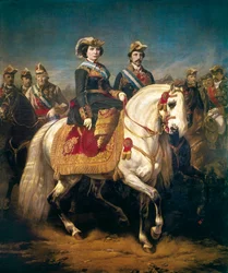 Military parade reviewed by King Isabelle II of Spain