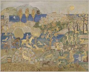 Hill Town, ca. 1928 (tempera, grafit og bladguld på indskåret, gessoed panel)