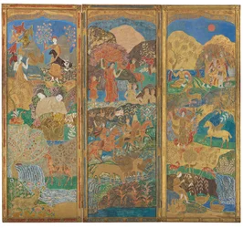 Tre-panels skærm, ca. 1916-17 (olie og bladguld på gessoed træ)