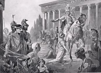 Alexander ved plyndringen af Theben i 335 f.Kr., illustration fra 