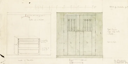 Design til et garderobeskab, vist i lodret front og interiør, ca. 1899-1900 (blyant, akvarel)