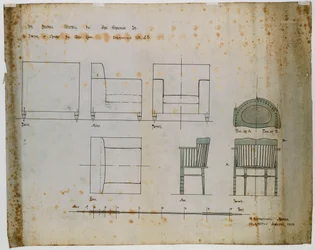 Design til en polstret stol og en spindelstol vist i opstalt og planer