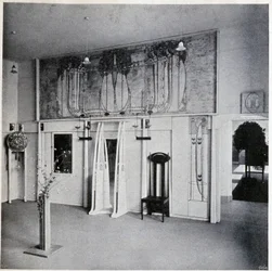 Indvendigt billede af en dekorativ kunstsalon i Wien, omkring 1900 (indretning og møbler af Charles Rennie og Margaret MacDonald Mackintosh)