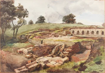 Bath House at Chesters from the North East (kropsfarve, blyant og wc på papir)
