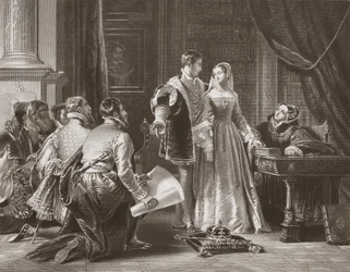 Lady Jane Greys modvilje mod at acceptere kronen, indgraveret af A.H. Payne (litho)