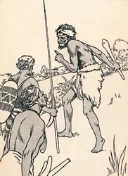 Aboriginale mænd nærmer sig en nybyggergård, 1912