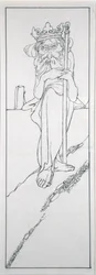 Han holdt et scepter i hånden og bar en krone på panden, illustration fra 