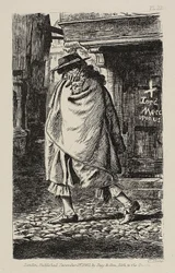 En beklædt figur, der passerer gennem gaden (på pestens tid i London)