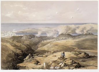 Russiske batterier i "" Sebastopol""" af CH.Hardinge. Litho af Vincent Brooks, d. London 1855 Henry Graves.