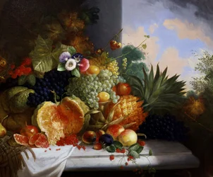 Stilleben med frugt (bl.a. hindbær, vindruer, passionsfrugt, meloner, ribs, ananas, ferskner). Maleri af Charles Stuart (aktiv 1854-1904) Privat samling.