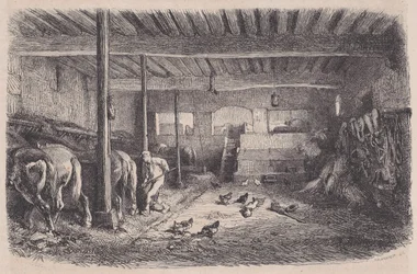 En stald fra Magasin Pittoresque, ca. 1852.