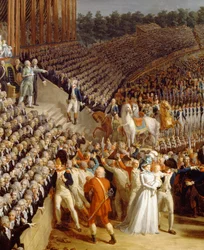 The Celebration of the Federation, Champs de Mars, Paris, detaljer fra et maleri af Charles Thevenin (1764-1838)