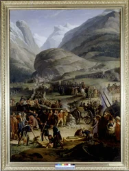 Den franske hær i landsbyen Saint Pierre for krydsningen af Saint Bernard passet - af Charles Thévenin, oliemaleri, begyndelsen af det 19. århundrede.
