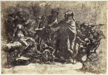Fotoreproduktion af en tegning af Raphael, scene med soldater, en nøgen kvinde og en engel
