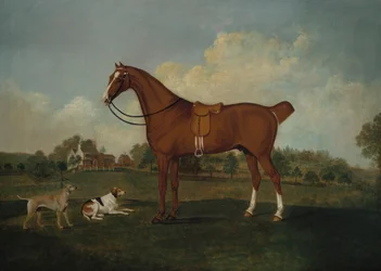 En bugtjæger med to hunde i et landskab, med et palæ bagved, 1779