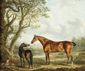Jægere og en spaniel i et vidtstrakt landskab, 1827