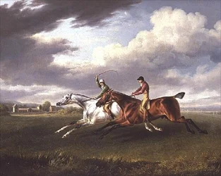 To væddeløbsheste med jockeyer oppe, træner i et landskab (olie på lærred)