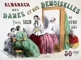 Reklameplakat for Almanach of Ladies and Ladies for 1859 (unge piger taler klude foran et isskab), 50 cents