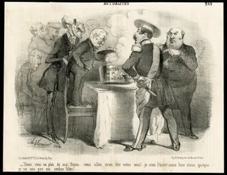 Illustration af Charles Vernier (? -1887) i Le Charivari, ca. 1851-11 - Påmindelse om loven af ​​31. maj 1850 - Valg, republikkens præsident, Størrelse, Lov, Stemmeret - Thiers Adolphe, Napoleon III, Dupin Andre- Marie den Dupins øje (1783-1865) - Mig