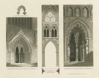 Lichfield Cathedral - West Entrance, North Entrance og Nave: akvatintegravering