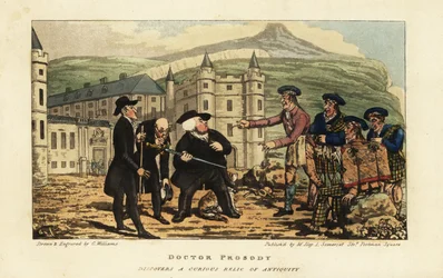 En skotsk murer fortæller engelske turister, at deres rustne gamle falchionsværd er en moderne klinge af Andrea Ferrara foran Holyrood Palace, Edinburgh