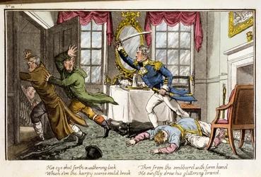 Hans øje skød et skarpere blik frem ... fra The Adventures of a Post Captain, by a Naval Officer, pub. 1820 (håndkoloreret akvatint)
