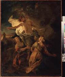 Kristus og de hellige kvinder. (Kristus og de hellige kvinder). Jesus Kristus opstår foran de tre jomfruer. Maleri af Charles de La Fosse (1636-1716), begyndelsen af ​​1680. Fransk kunst i barokstil. Olie på lærred. Pushkin Museum, Moskva.