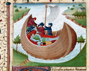 Begravelse til søs Miniature taget fra "" Romanesque du Chevalier Tristan"" af Master Charles of Maine 1440-1460. Chantilly, musee Conde - Havbegravelse af en ridder af det runde bord - Miniature fra den romerske du Chevalier Tristan, af Mester Charles af 