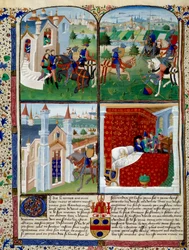 Illustration af Tristans roman: start, turnering og død. Miniature af Mesteren Dit De Charles Du Maine (ca. 1450 - 1460). Chantilly, Musee Conde